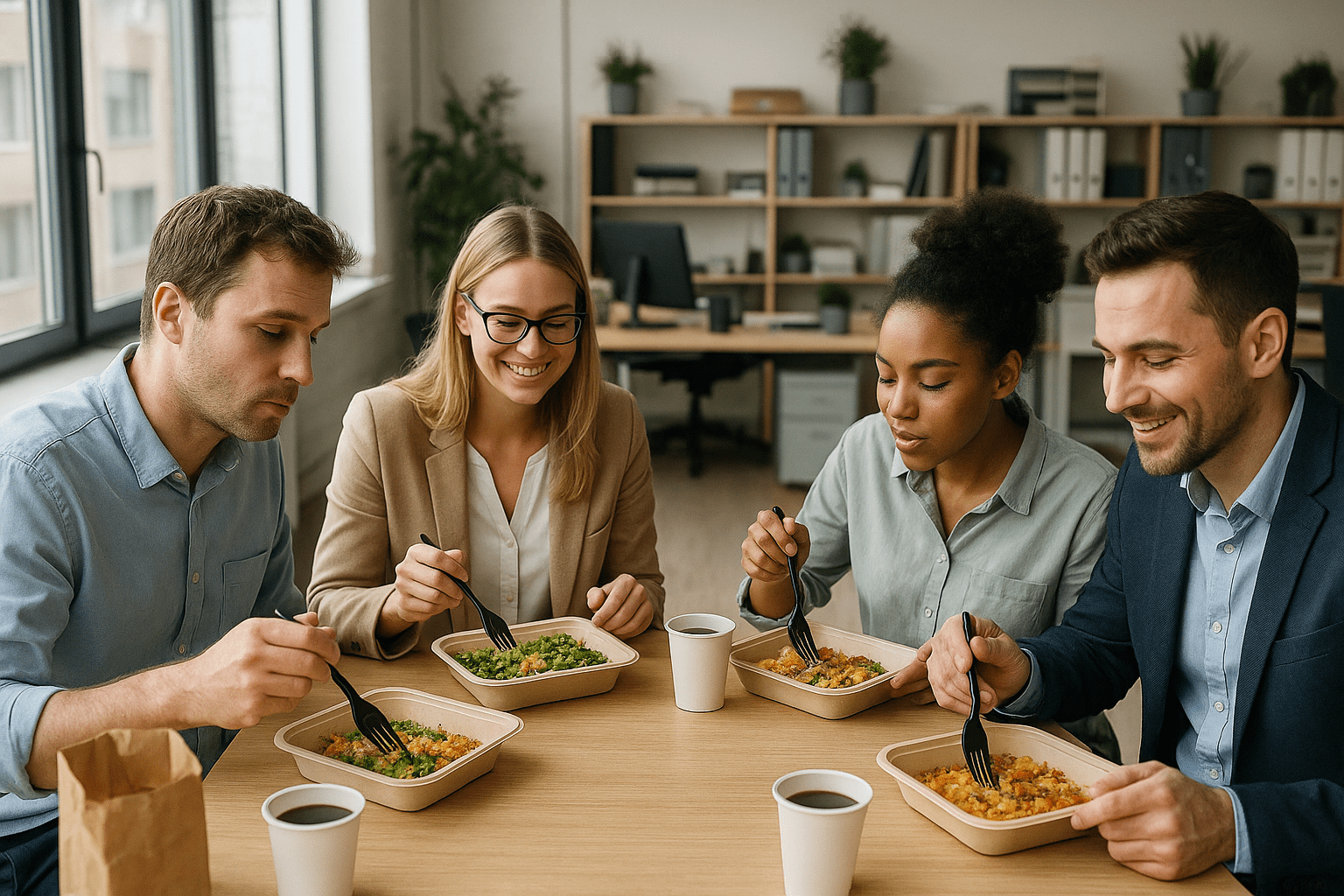 Lunch dla firm z dowozem – oferta restauracji Osiedlowa Konin Pracownicy biura jedzą lunch z dostawy od restauracji Osiedlowa w Koninie