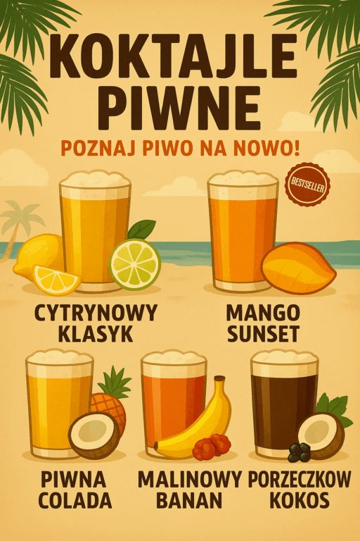 Menu koktajli piwnych w restauracji Osiedlowa w Koninie – Mango Sunset, Piwna Colada, Leśny Ogród i inne