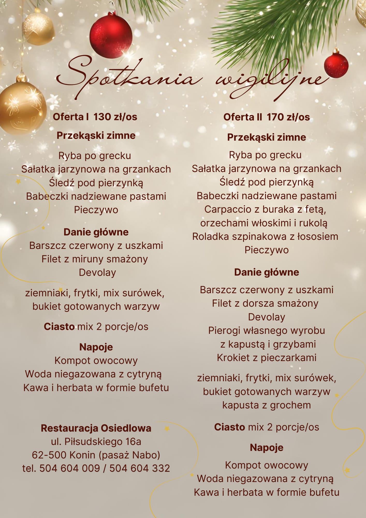 oferta spotkań wigilijnych w restauracji osiedlowej w Koninie