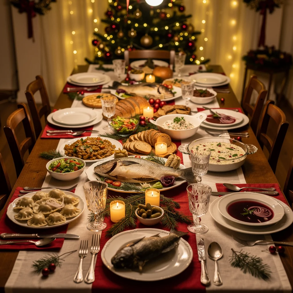 stół zastawiony jedzeniem z ceteringu świątecznego z restauracji osiedlowej w koninie