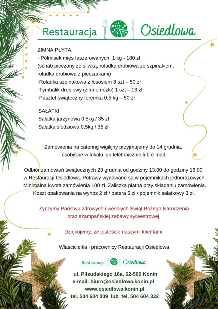 catering świąteczny w restauracji osiedlowej Konin